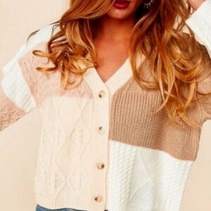 Sugarfox Cream/Pink Colorblock Knit Cardigan, Size 1X
